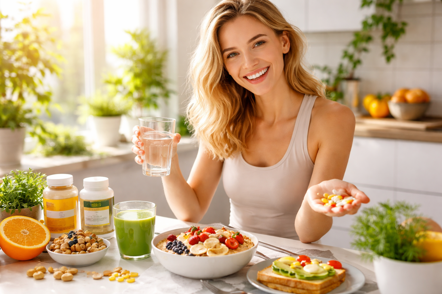 energetic person starting morning with healthy breakfast and natural supplements on bright kitchen table with sunlight