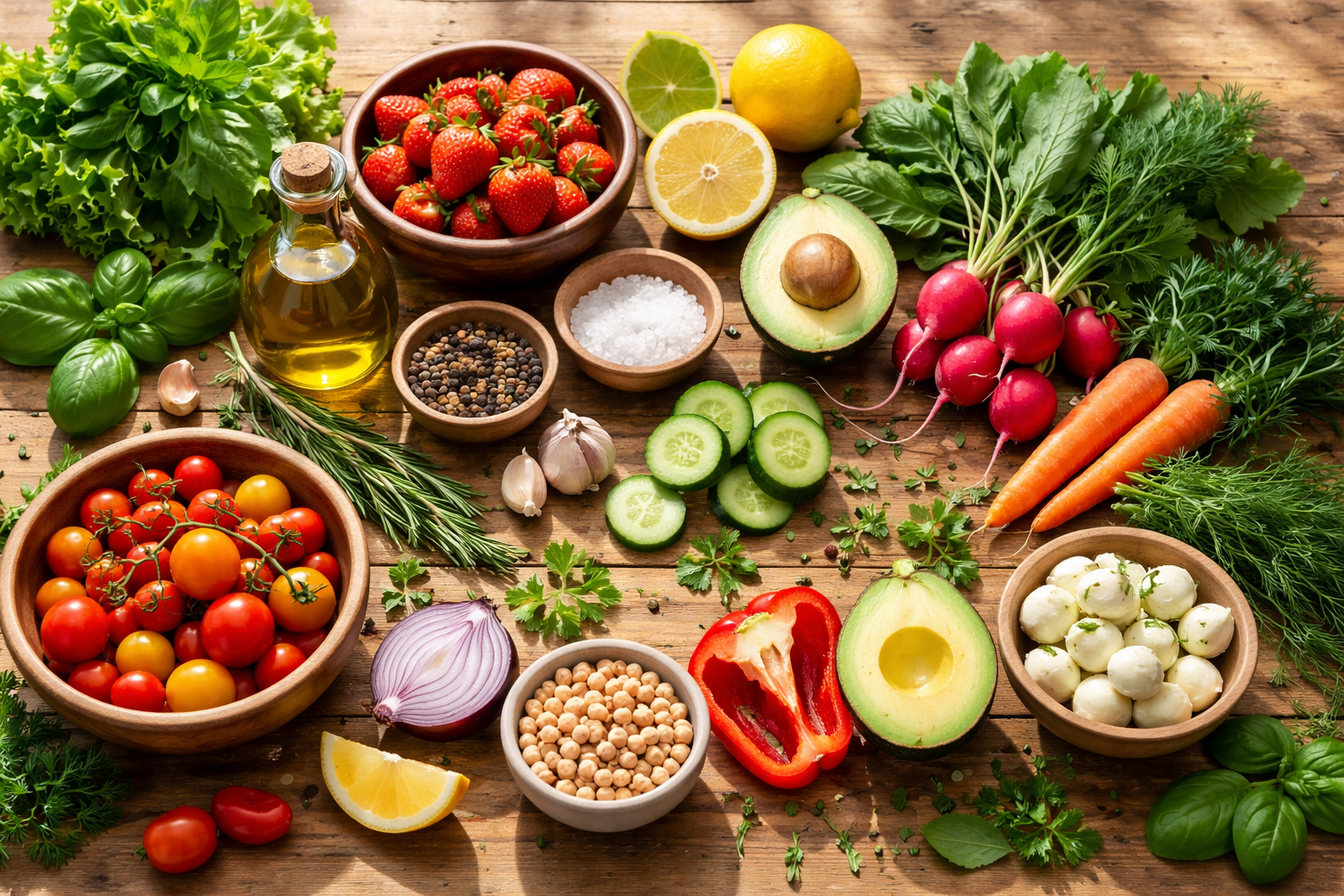 collection of natural herbal supplements and fresh ingredients arranged aesthetically on wooden surface in natural daylight